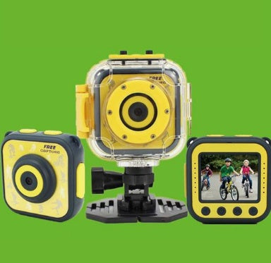 Children's waterproof sports camera in vibrant colors, perfect for outdoor fun.