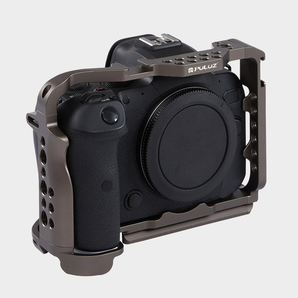 Premium camera cage for Canon EOS R5 and R6 with accessories.