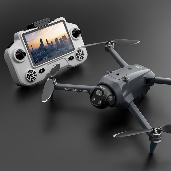 Dark gray GPS drone for aerial photography with GPS and dual cameras.